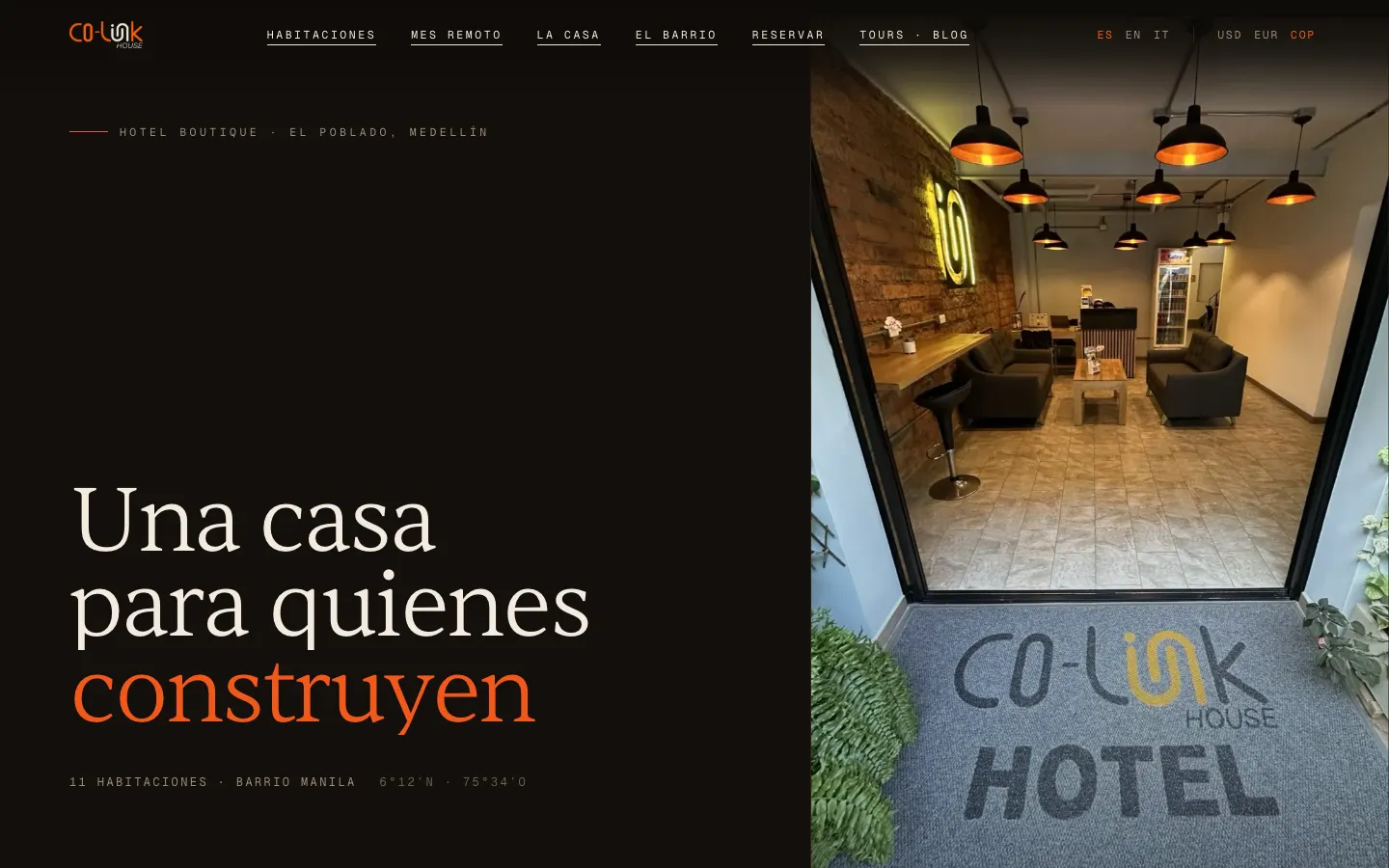 Sito di CO-LINK House, hotel boutique a Medellín, su desktop